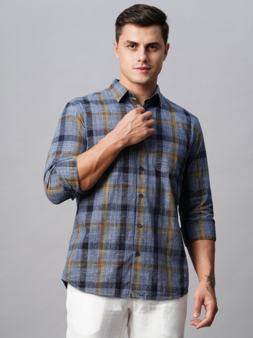 Men's Navy Cotton Regular Fit Checked Shirt - Image 3