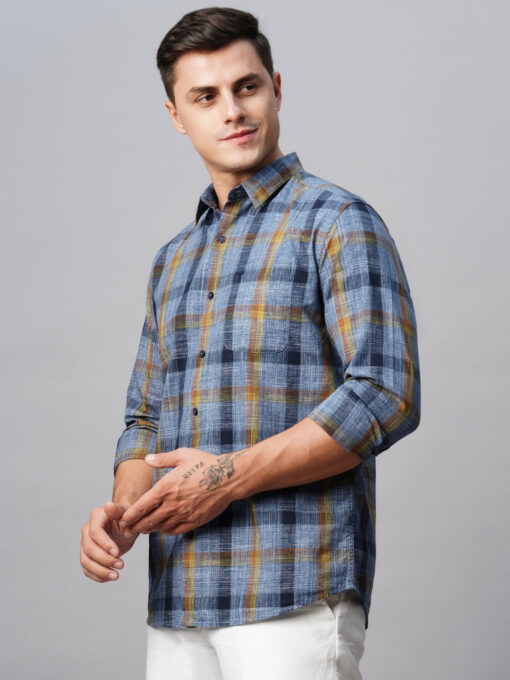 Men's Navy Cotton Regular Fit Checked Shirt - Image 4