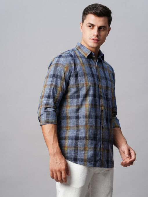 Men's Navy Cotton Regular Fit Checked Shirt - Image 5