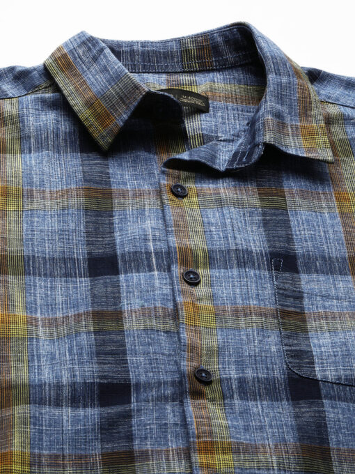 Men's Navy Cotton Regular Fit Checked Shirt - Image 9