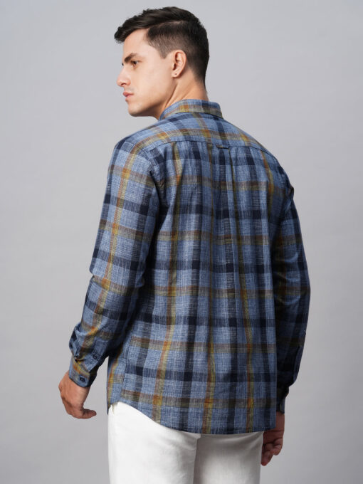 Men's Navy Cotton Regular Fit Checked Shirt - Image 6