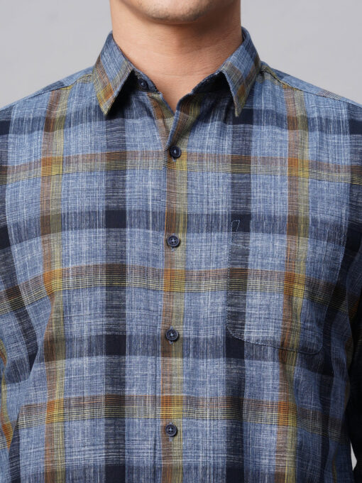 Men's Navy Cotton Regular Fit Checked Shirt - Image 7