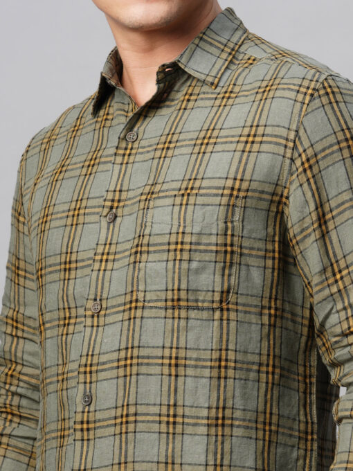 Men's Olive 100% Linen Regular Fit Checked Shirt - Image 8