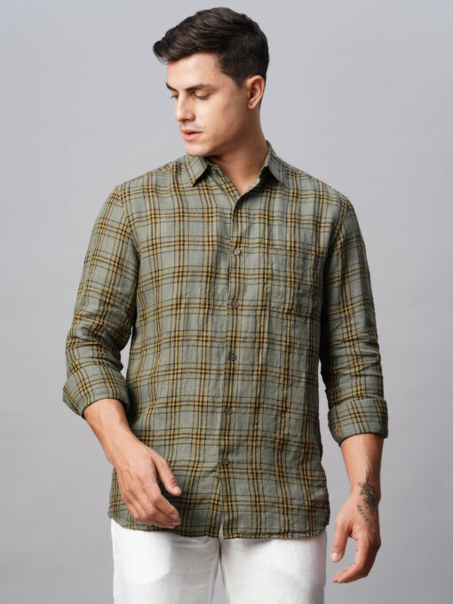 Men's Olive 100% Linen Regular Fit Checked Shirt - Image 3