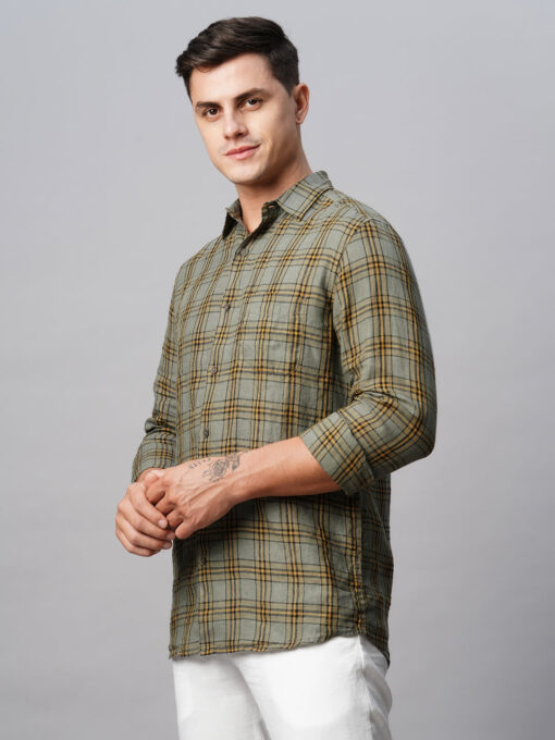 Men's Olive 100% Linen Regular Fit Checked Shirt - Image 4