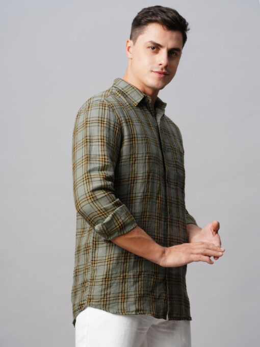 Men's Olive 100% Linen Regular Fit Checked Shirt - Image 5