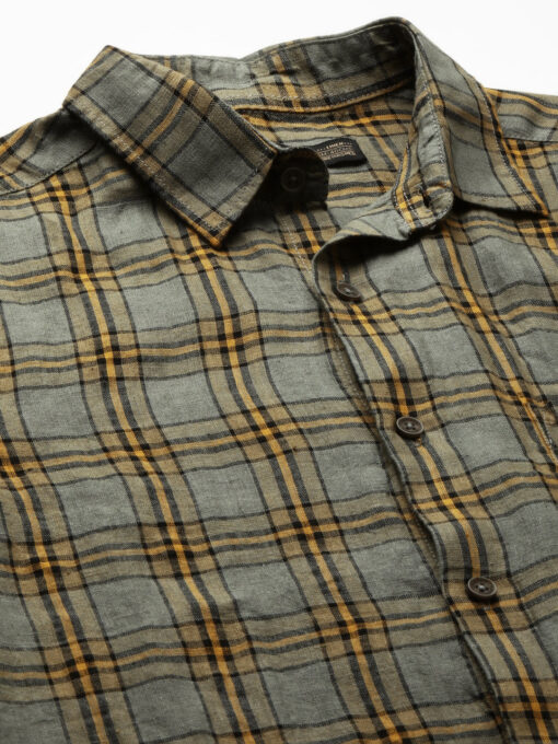 Men's Olive 100% Linen Regular Fit Checked Shirt - Image 9