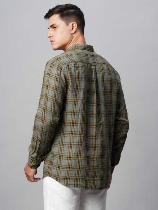 Men's Olive 100% Linen Regular Fit Checked Shirt - Image 6