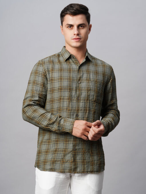 Men's Olive 100% Linen Regular Fit Checked Shirt - Image 2