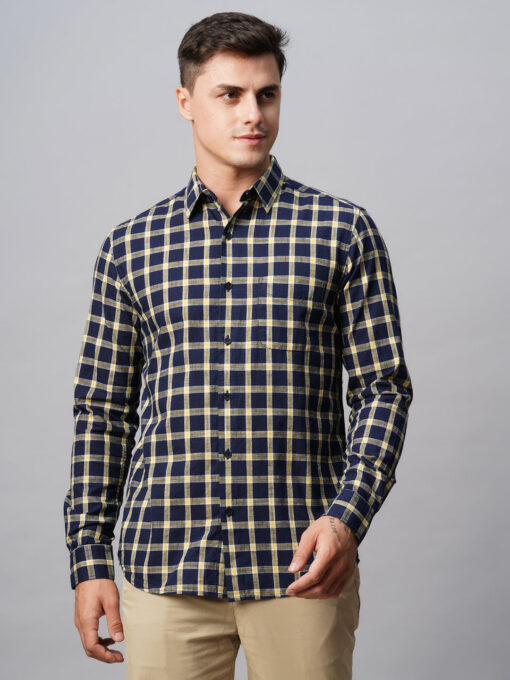 Men's Navy Cotton Regular Fit Checked Shirt - Image 2