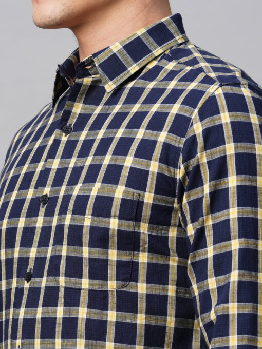 Men's Navy Cotton Regular Fit Checked Shirt - Image 8