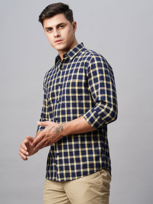 Men's Navy Cotton Regular Fit Checked Shirt - Image 4