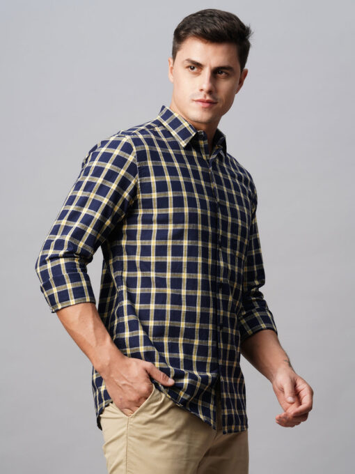 Men's Navy Cotton Regular Fit Checked Shirt - Image 5