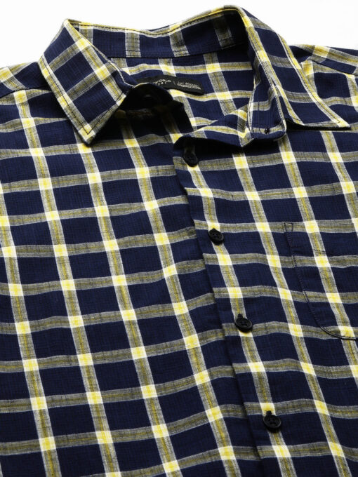 Men's Navy Cotton Regular Fit Checked Shirt - Image 9