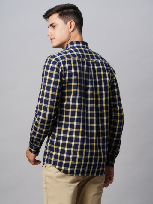 Men's Navy Cotton Regular Fit Checked Shirt - Image 6