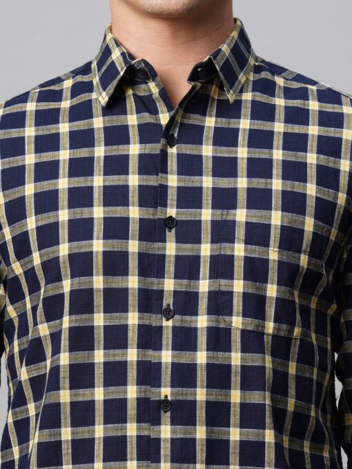 Men's Navy Cotton Regular Fit Checked Shirt - Image 7