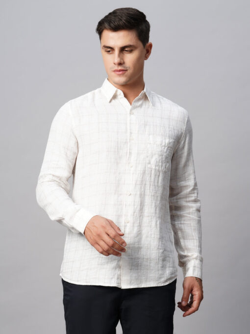 Men's 100% Linen White Regular Fit Long Sleeved Checked Shirt - Image 2