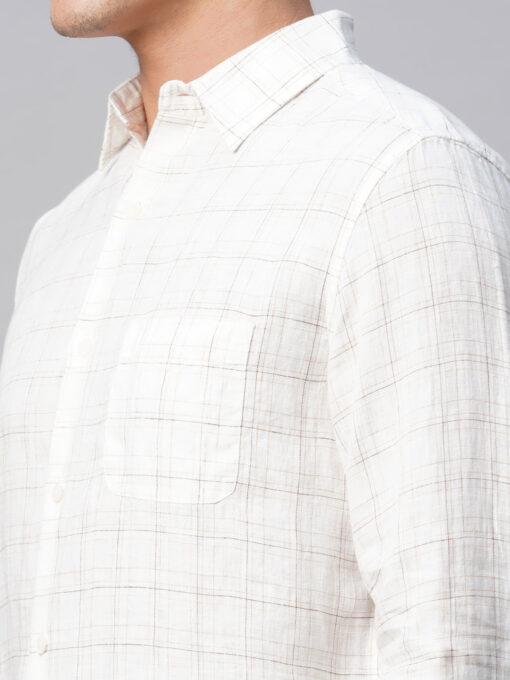 Men's 100% Linen White Regular Fit Long Sleeved Checked Shirt - Image 8