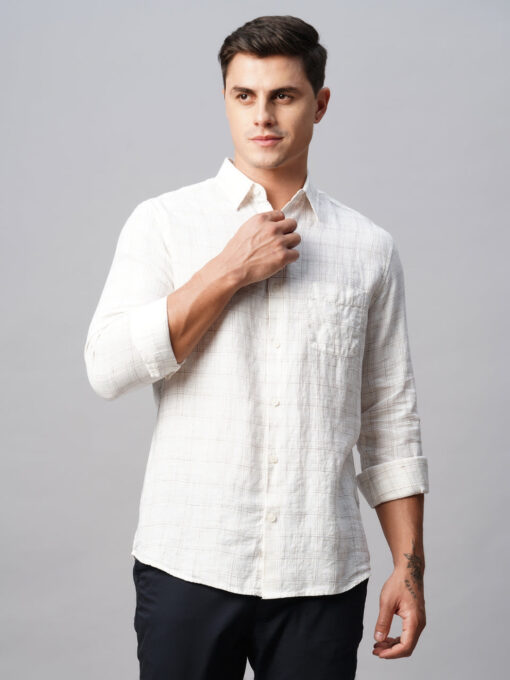 Men's 100% Linen White Regular Fit Long Sleeved Checked Shirt - Image 3