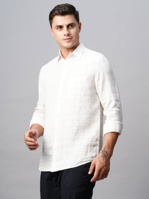 Men's 100% Linen White Regular Fit Long Sleeved Checked Shirt - Image 4