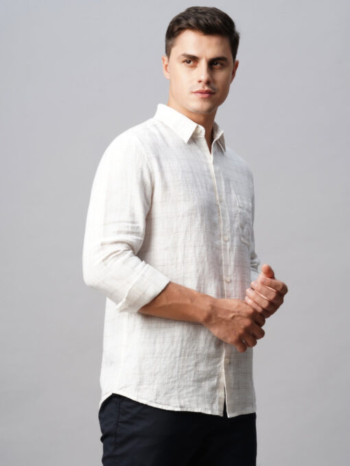 Men's 100% Linen White Regular Fit Long Sleeved Checked Shirt - Image 5