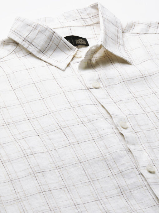 Men's 100% Linen White Regular Fit Long Sleeved Checked Shirt - Image 9