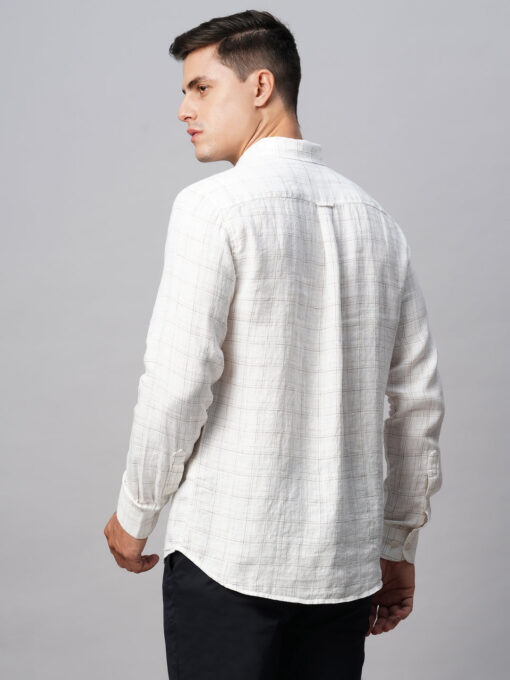 Men's 100% Linen White Regular Fit Long Sleeved Checked Shirt - Image 6