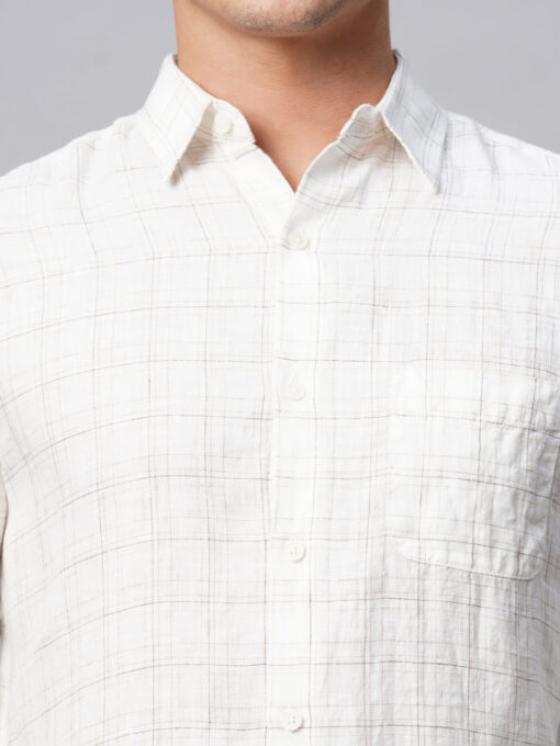 Men's 100% Linen White Regular Fit Long Sleeved Checked Shirt - Image 7