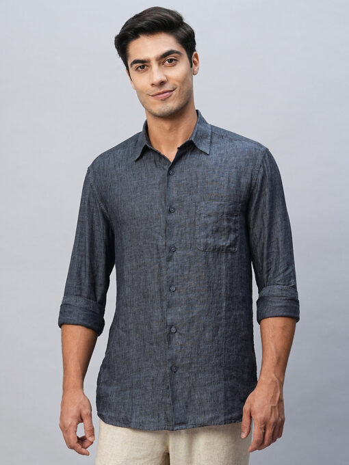 Men's 100% Linen Navy Regular Fit Long Sleeved Shirt - Image 2