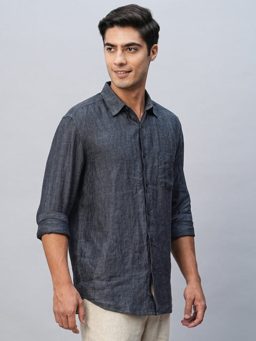 Men's 100% Linen Navy Regular Fit Long Sleeved Shirt - Image 3