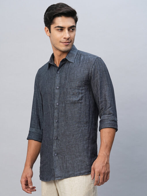 Men's 100% Linen Navy Regular Fit Long Sleeved Shirt - Image 4