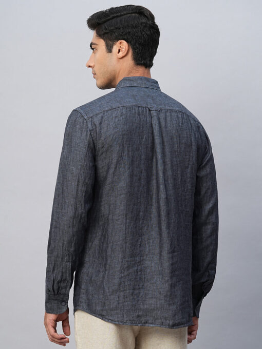 Men's 100% Linen Navy Regular Fit Long Sleeved Shirt - Image 5