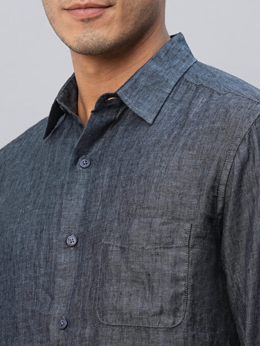 Men's 100% Linen Navy Regular Fit Long Sleeved Shirt - Image 7