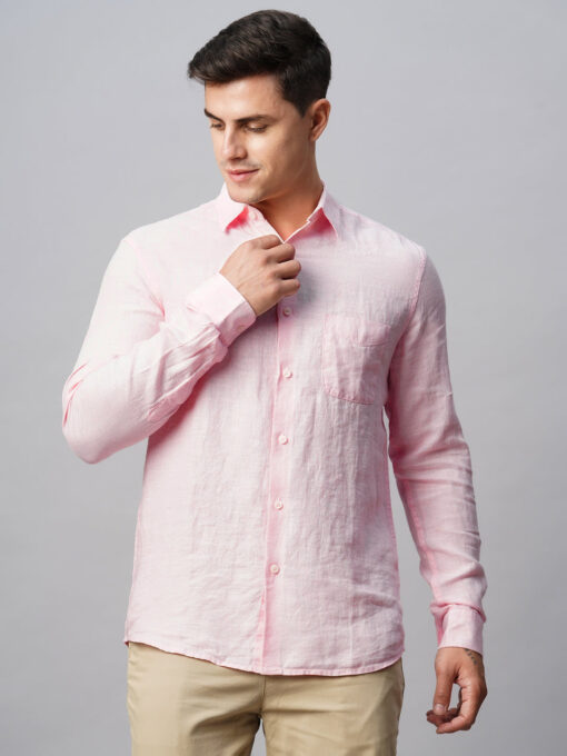 Men's 100% Linen Pink Regular Fit Long Sleeved Shirt - Image 2