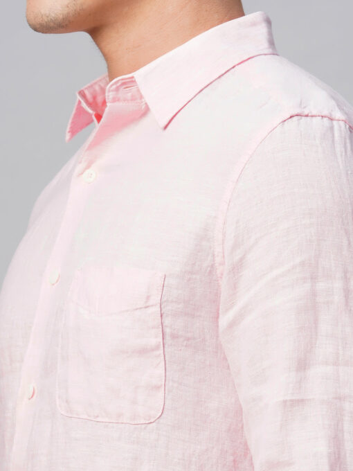 Men's 100% Linen Pink Regular Fit Long Sleeved Shirt - Image 8