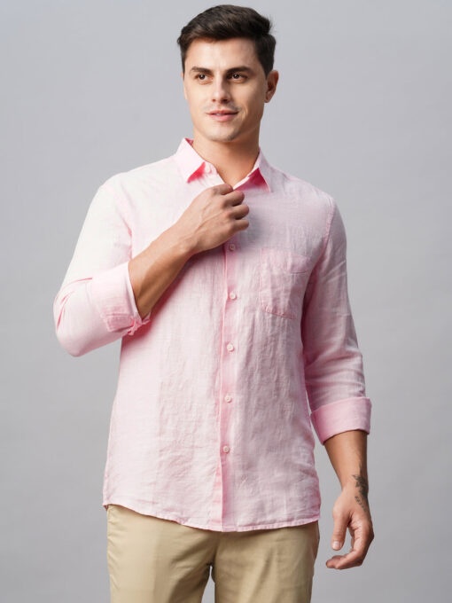 Men's 100% Linen Pink Regular Fit Long Sleeved Shirt - Image 3