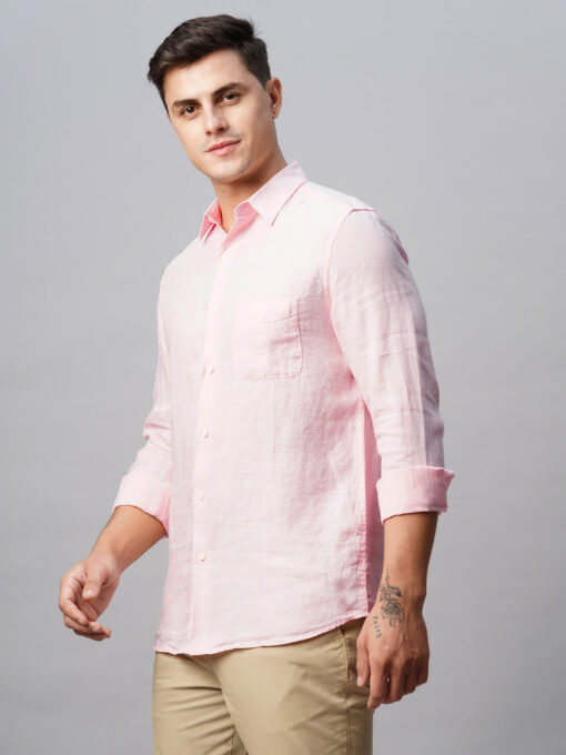 Men's 100% Linen Pink Regular Fit Long Sleeved Shirt - Image 4