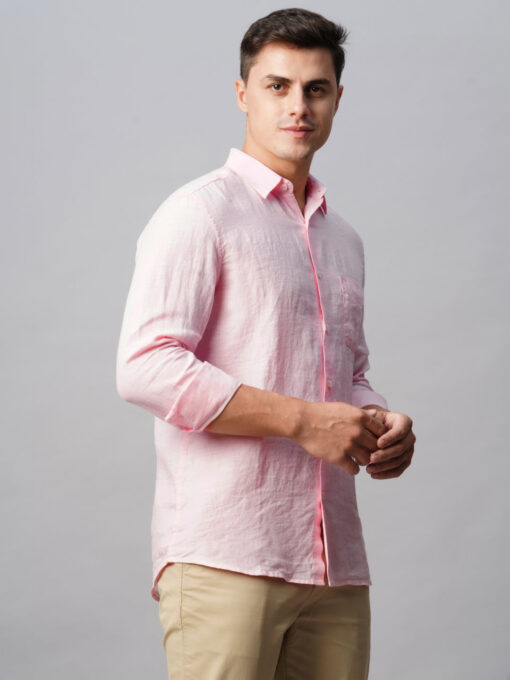 Men's 100% Linen Pink Regular Fit Long Sleeved Shirt - Image 5