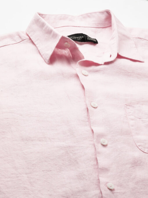 Men's 100% Linen Pink Regular Fit Long Sleeved Shirt - Image 9