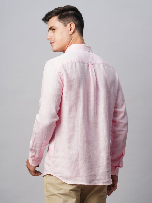 Men's 100% Linen Pink Regular Fit Long Sleeved Shirt - Image 6