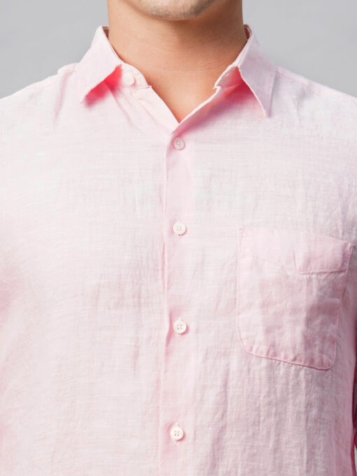 Men's 100% Linen Pink Regular Fit Long Sleeved Shirt - Image 7