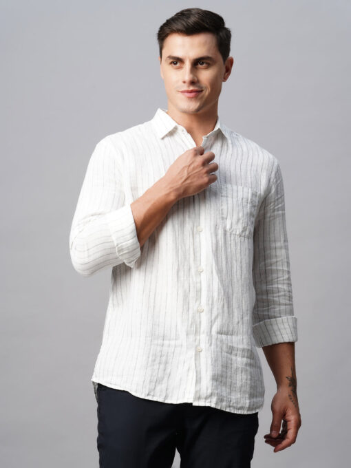 Men's White 100% Linen Regular Fit Long Sleeved Striped Shirt - Image 2