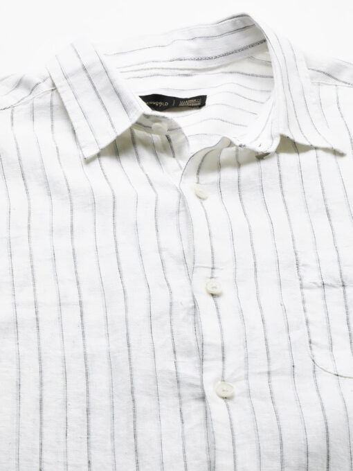 Men's White 100% Linen Regular Fit Long Sleeved Striped Shirt - Image 9