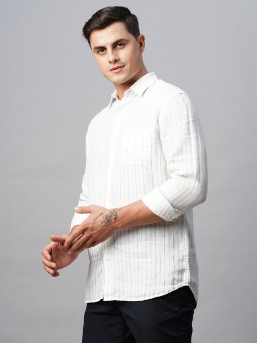 Men's White 100% Linen Regular Fit Long Sleeved Striped Shirt - Image 4