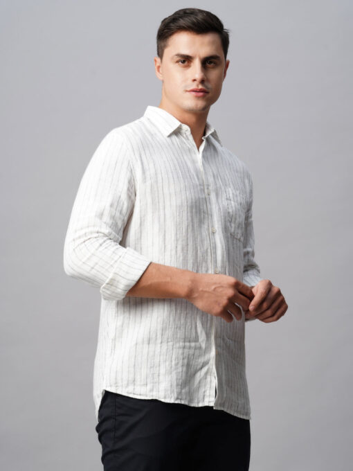 Men's White 100% Linen Regular Fit Long Sleeved Striped Shirt - Image 5