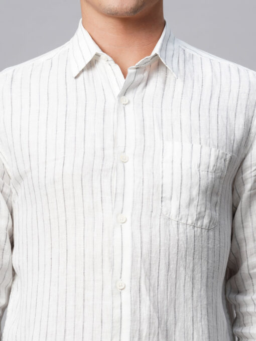 Men's White 100% Linen Regular Fit Long Sleeved Striped Shirt - Image 7