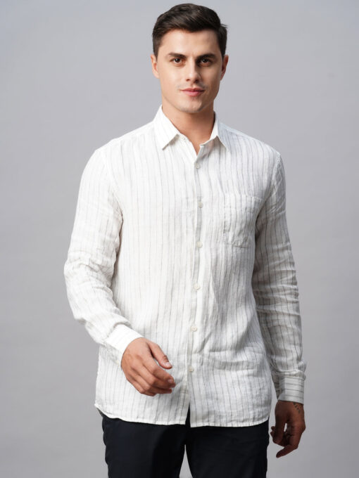 Men's White 100% Linen Regular Fit Long Sleeved Striped Shirt - Image 3