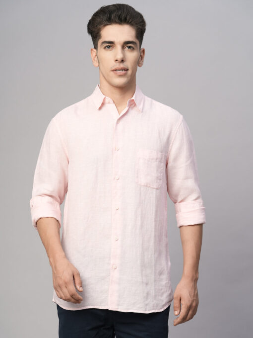 Men's Pink 100% Linen Regular Fit Shirt - Image 2