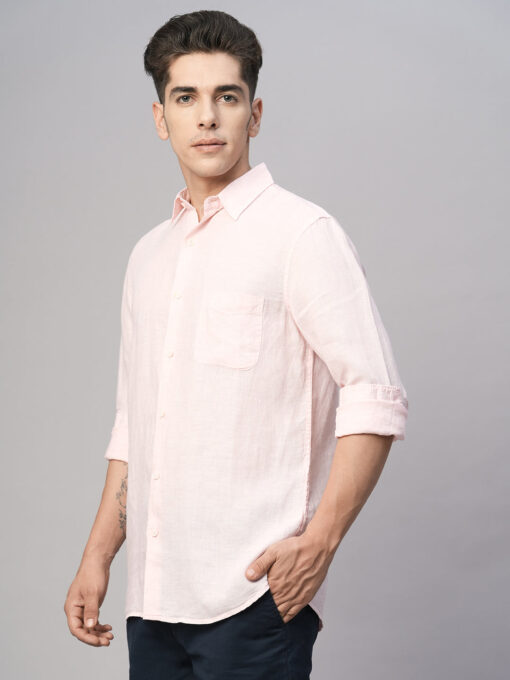 Men's Pink 100% Linen Regular Fit Shirt - Image 3