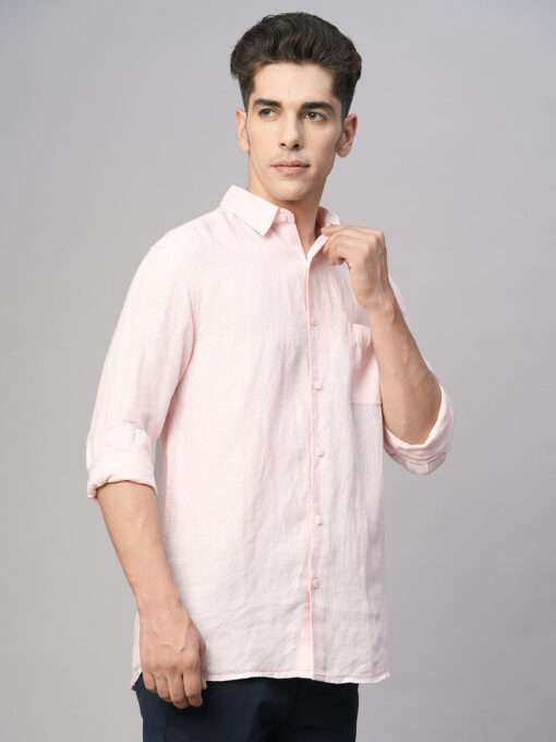 Men's Pink 100% Linen Regular Fit Shirt - Image 4